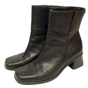 Vintage Naturalizer Black Leather Ankle Boots 7 Square Toe Chunky Block Heel